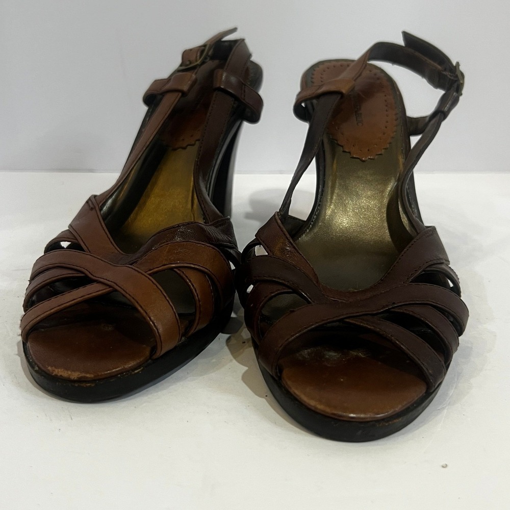 Womens Brown Leather Heels Republic Banana Ankle Strap Heeled Sandals Shoes 9